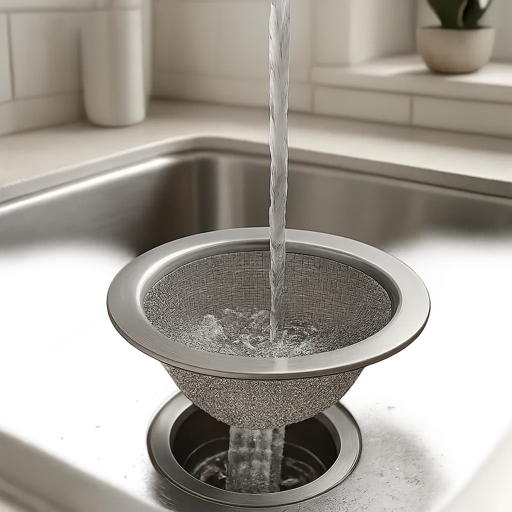 Visuel d’une passoire en inox adaptée à un usage quotidien dans l’évier. L’image met en avant la durabilité, la finesse du maillage et la simplicité d’entretien.