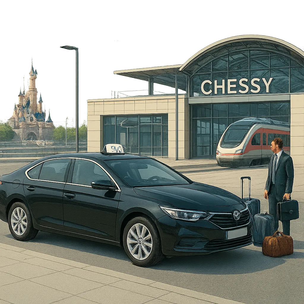 Illustration d’un taxi local à Chessy, pensé pour les transferts vers Disneyland Paris, la gare TGV ou CDG. L’image évoque un transport fiable, ponctuel et confortable dans un environnement urbain moderne.