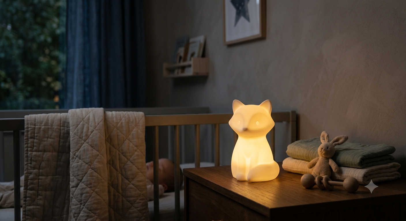 Une veilleuse bébé au design minimaliste diffuse une lumière chaude et rassurante dans une chambre apaisante. L’ambiance évoque un réveil nocturne serein sans perturber le sommeil.