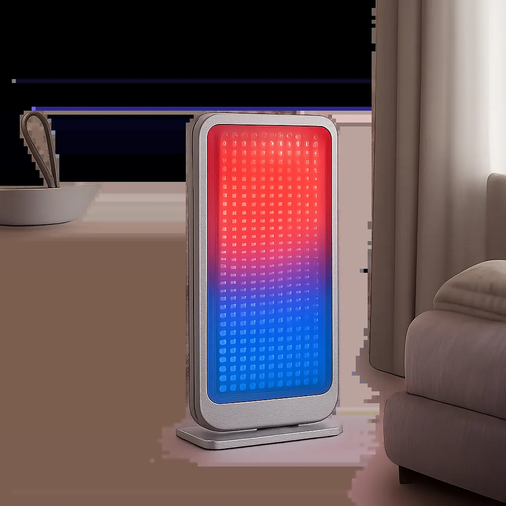 Visuel premium d’un appareil de lumière rouge et bleue dans un univers minimaliste et rassurant. L’image évoque une routine de soin simple, ciblée et moderne à domicile.