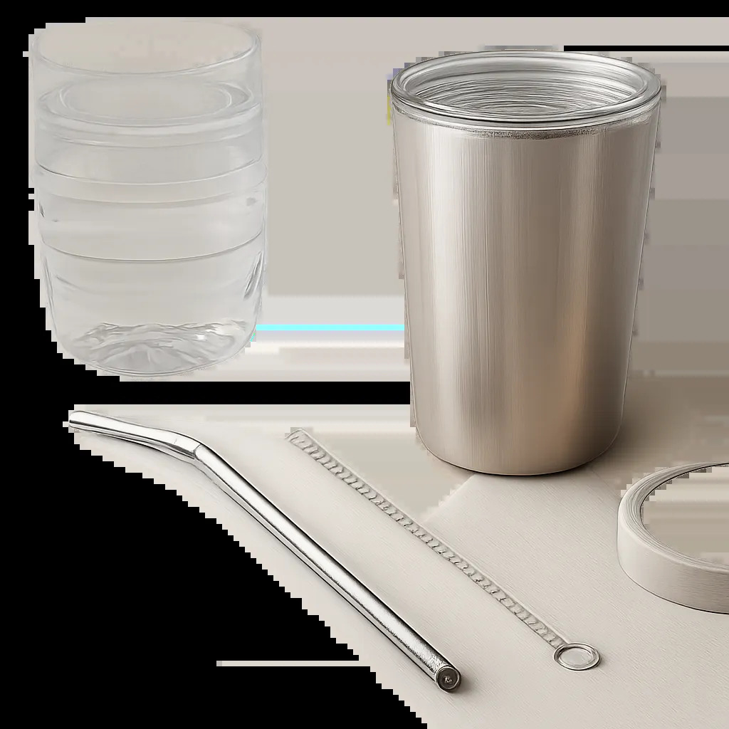 Visuel premium d’une paille en inox réutilisable accompagnée de sa brosse de nettoyage. L’ensemble évoque l’hygiène, la durabilité et l’usage quotidien à la maison ou au bureau.