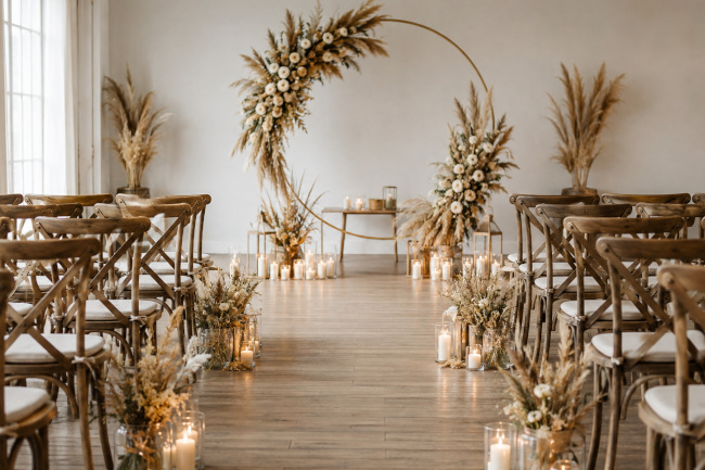 Salle de cérémonie décorée de fleurs séchées, de bougies et de chaises en bois