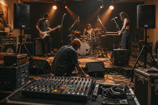 Groupe de musique installant sa propre sonorisation dans une salle de répétition
