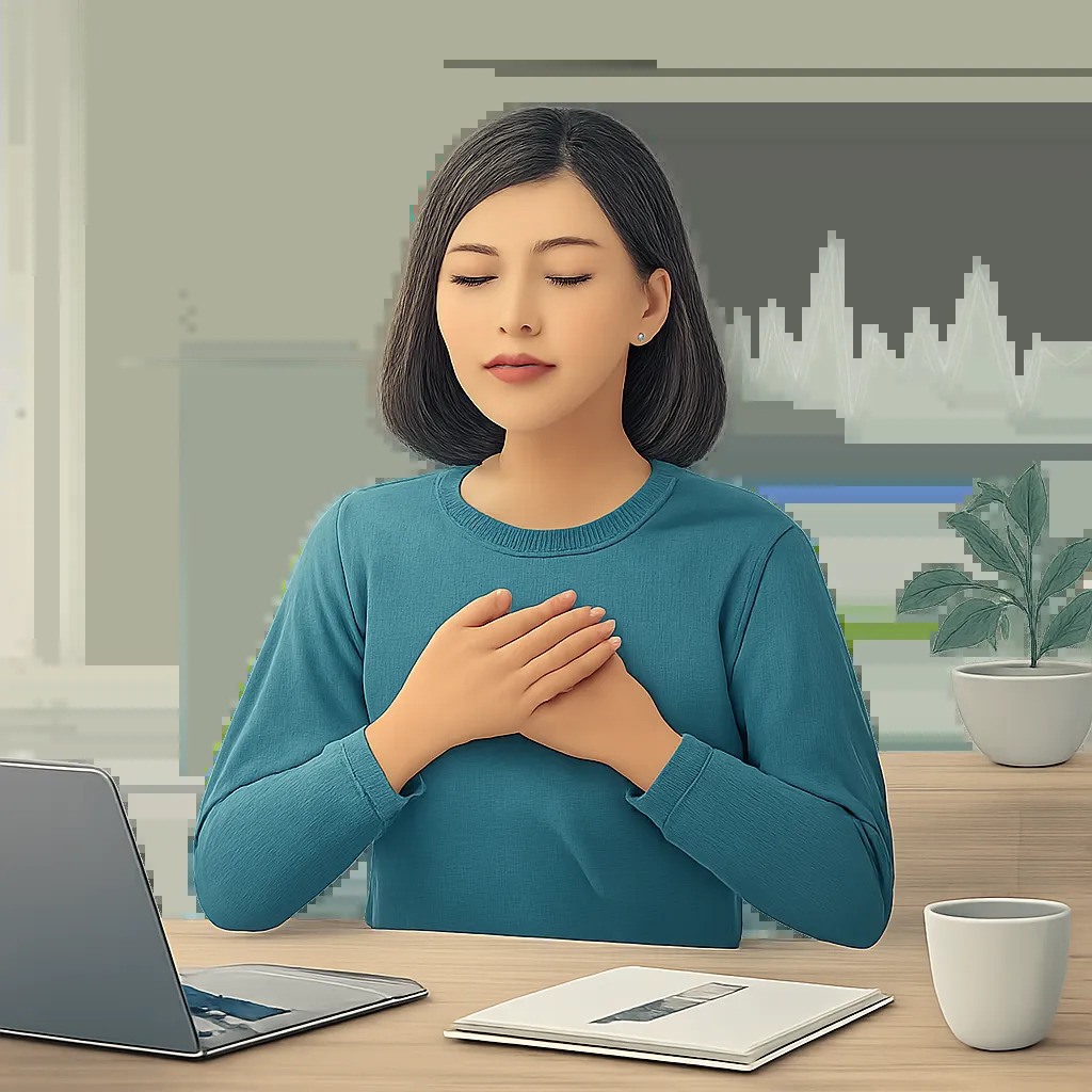 Illustration d’une pratique simple de cohérence cardiaque dans un environnement de travail apaisé. L’image évoque la gestion du stress, le calme mental et la récupération active.